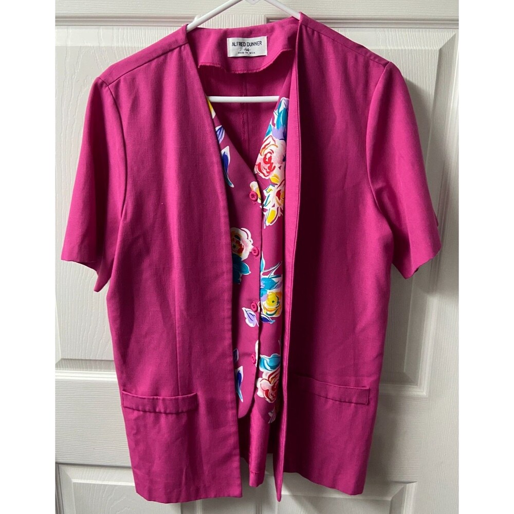 Alfred Dunner Pant Suit Top Womens 14 2 In One Jacket w Vest Pink Short Sleeved